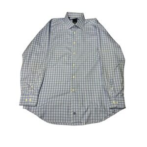 David Donahue‎ TRIM Dress Shirt Mens 17 1/2 34/35 Blue White Plaid Checkered